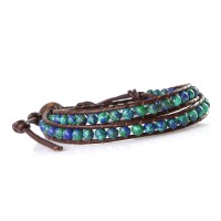 Phoenix Azurite Stone Beads on Brown Leather 2x Wrap Bracelet